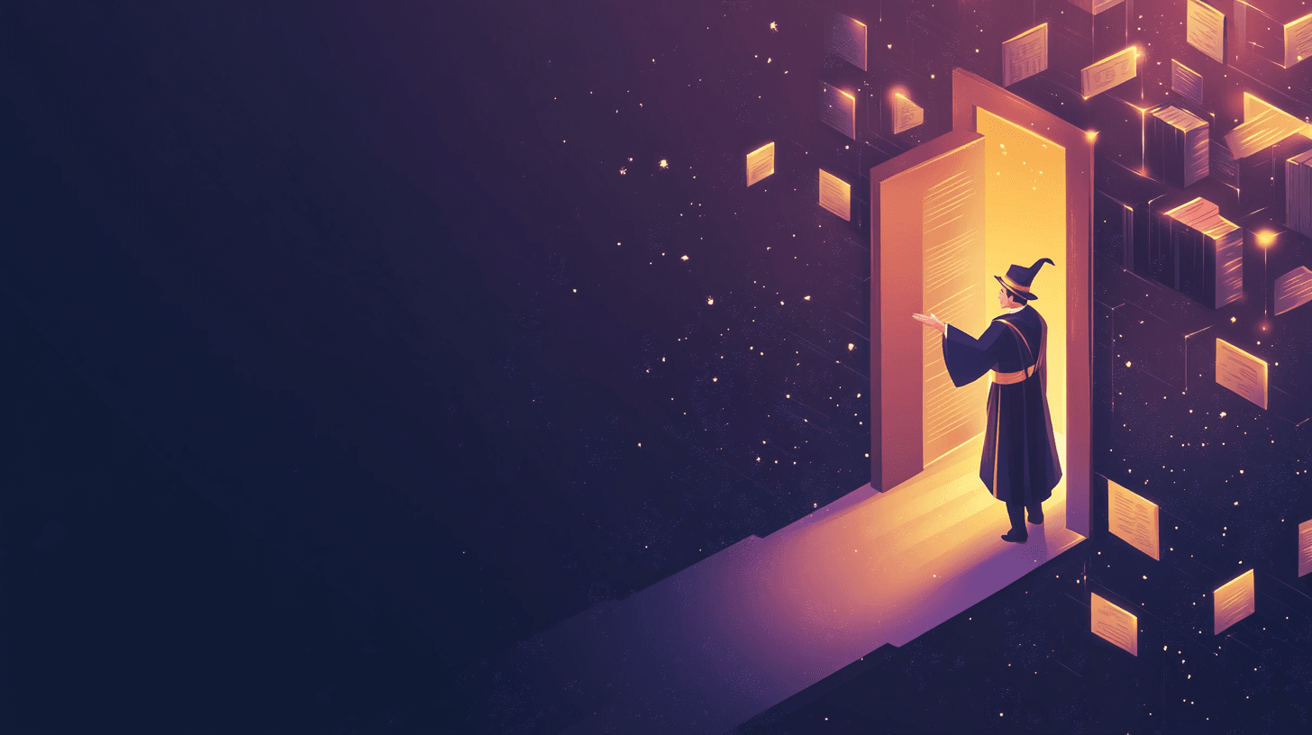 Wizard entering a glowing portal with floating books